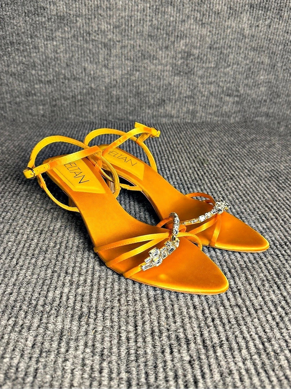 DELTAN Aria Yellow Satin Embellished Kitten Heels – Pointed Toe Strappy Heels